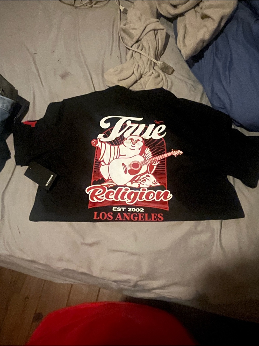 True Religion Black Tee with Red and White Graphic